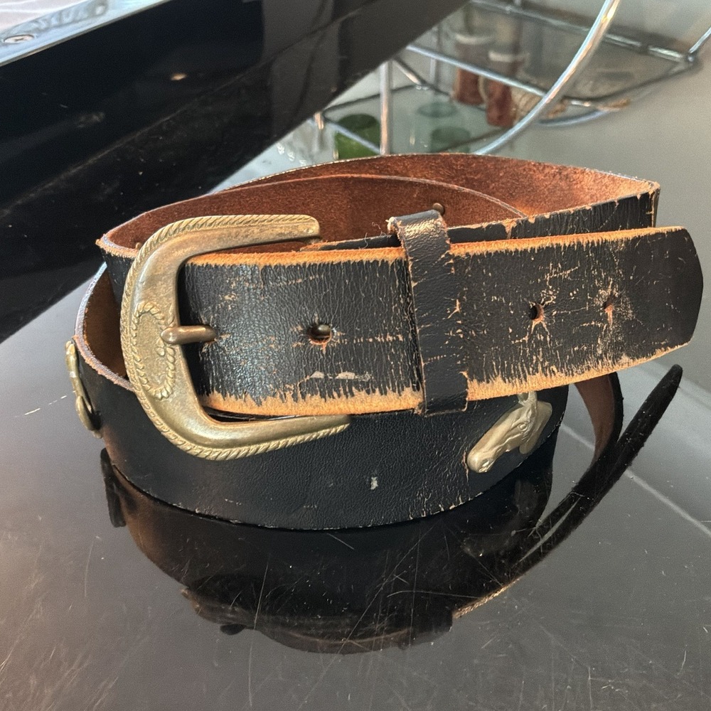 VTG 80s 90s Western Leather Belt S/M Horse‎ Boot Cactus Charms Distressed Rodeo